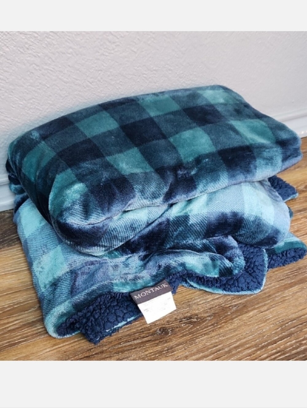 Montauk Blue Green Teal Plaid Sherpa Throw
